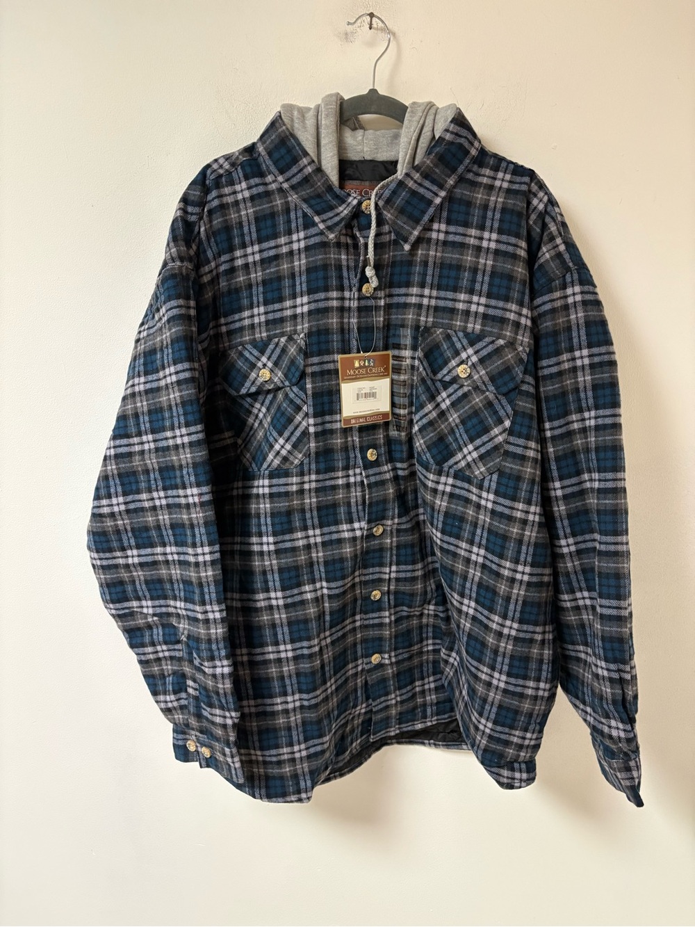 Moose Creek Men’s Plaid Hooded Button-Up Shacket in Blue and Gray XXL NWT - Picture 4 of 12